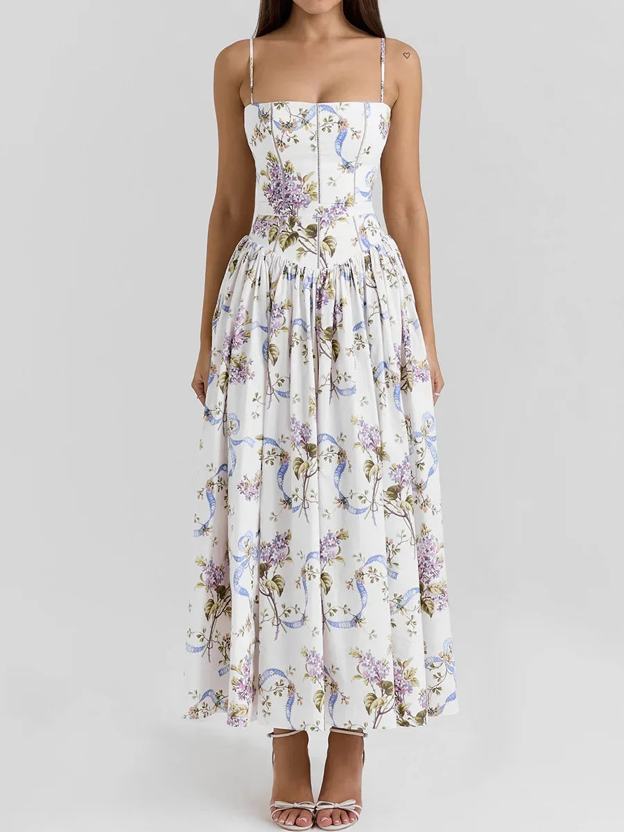 Floral Print Spaghetti Strap Midi Sundress - Elegant Boho Chic Summer Beach Dress