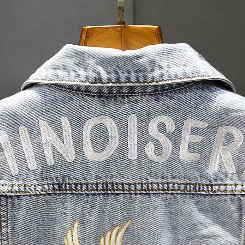 New Denim Jacket Mens Embroidery Trendy Jackets Casual Vintage Streetwear Coats Autumn High Street Embroidery Denim Jacket