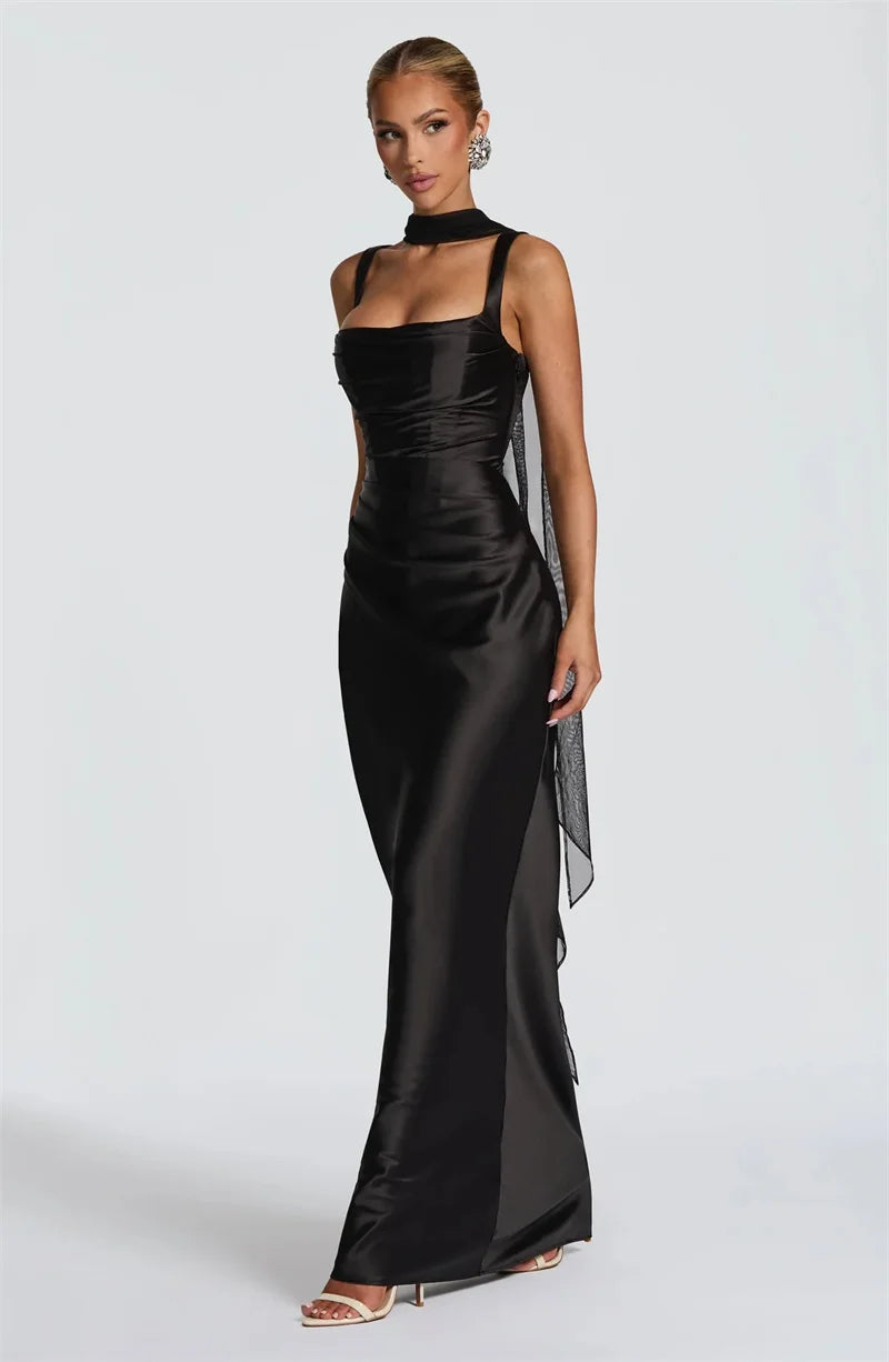 Elegant Backless Satin Maxi Dress – Sleeveless Halter Bodycon Party Gown