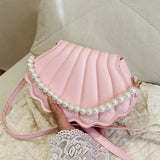 Durable Cute Shell Shoulder Bag Minimalist with Pearls Design Crossbody Bag PU Leather Pearl Decorated Handbag for Women Girls