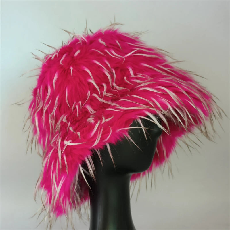 1pcs Winter Faux Fur Bucket Hat Warm Fluffy Plush colorful soft Winter hat Personality fur Fisherman Hats for women Plush hat겨