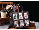 Vintage Luxury Leather Tote – Designer Cat Embroidery Shoulder Bag