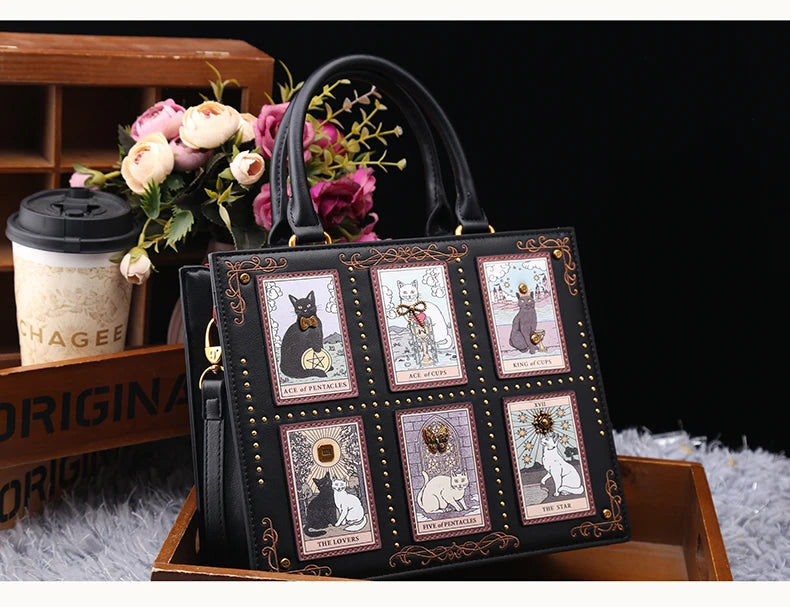 Vintage Luxury Leather Tote – Designer Cat Embroidery Shoulder Bag