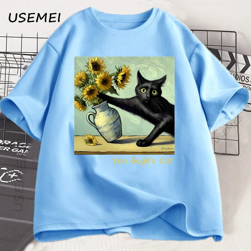 Van Gogh's Cat Art Print T Shirt Funny Graphci T Shirts Cotton Trendy Summer Loose Short Sleeved T-shirt Men Women Harajuku Top