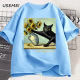 Van Gogh's Cat Art Print T Shirt Funny Graphci T Shirts Cotton Trendy Summer Loose Short Sleeved T-shirt Men Women Harajuku Top