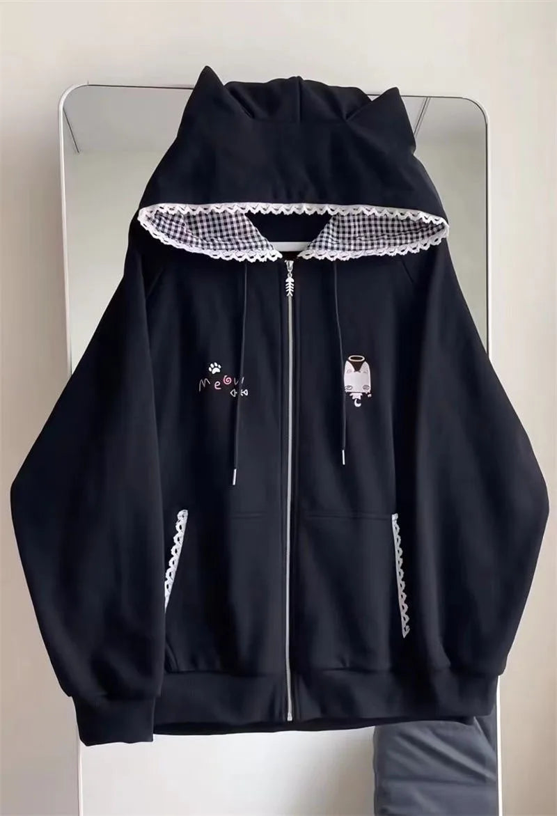 Women's Cute Cat Print Relaxed Zip-Up Hoodie