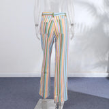 Street Striped Jeans Women's High-Waist Pockets Wide-Leg Trouser 2026 Spring Summer Retro Multicolor Vertical Stripe Denim Pant