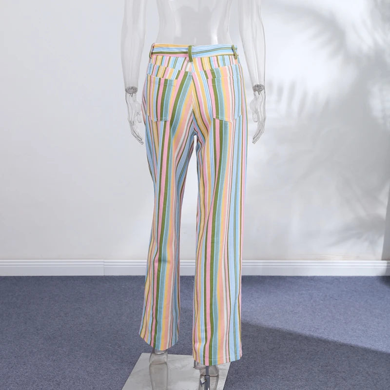 Street Striped Jeans Women's High-Waist Pockets Wide-Leg Trouser 2026 Spring Summer Retro Multicolor Vertical Stripe Denim Pant