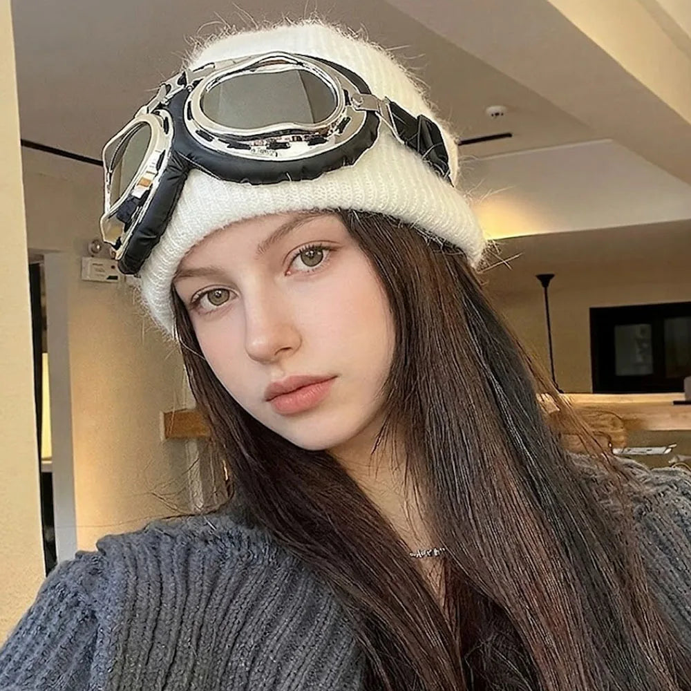 winter Fuzzy White Knitted Beanie Hat with Glasses Outdoor Winter Skiing Windproof Thermal Skullies Bonnet Ski Goggles Decor