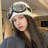 winter Fuzzy White Knitted Beanie Hat with Glasses Outdoor Winter Skiing Windproof Thermal Skullies Bonnet Ski Goggles Decor