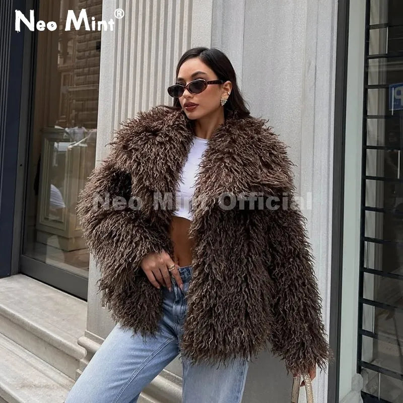 Lulicore Women’s Chic Brown Faux Fur Jacket – Premium Warm Autumn/Winter Overcoat
