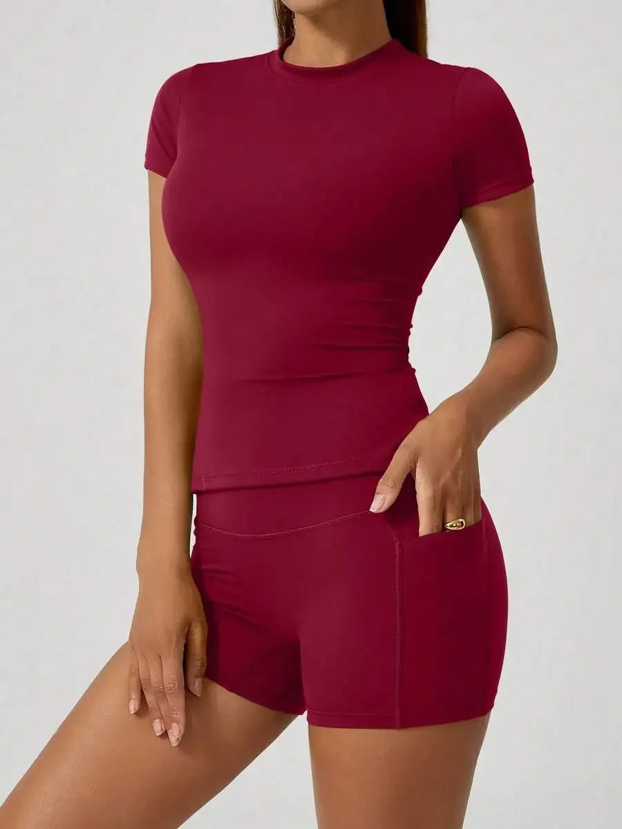 Women's Sculpting Sports Short Sleeve & High-Waist Shorts Set