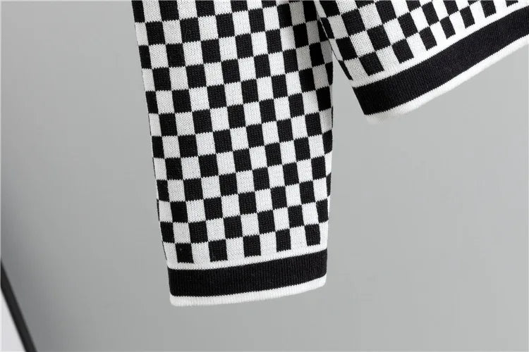 Women's Plaid Knit 2-Piece Set: Button-Down Cardigan & High-Waist Wide Leg Pants