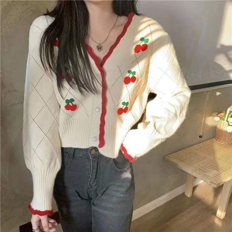 Floral V-Neck Button-Up Knit Cardigan for Women