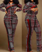 Two Piece Set Women Outfit 2023 Autumn Fashion Geometric Print Stand Collar Long Sleeve Zip Up Top & Casual Sporty Pants Set