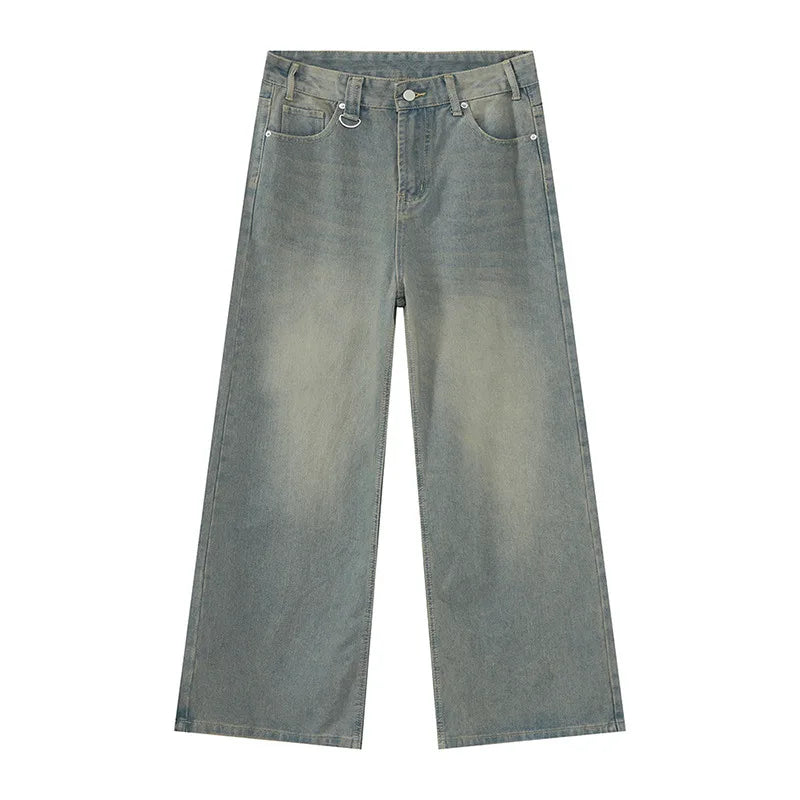 Men's Washed Blue Loose Straight-Leg Jeans