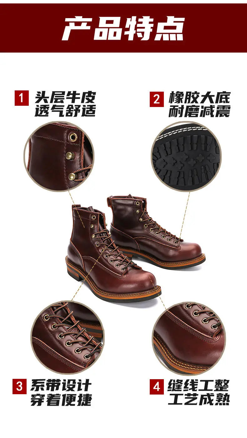KOWM Hiking shoes men's walking boots British cowhide high top motorcycle boots ankle casual sneakers trekking shoes thick soled