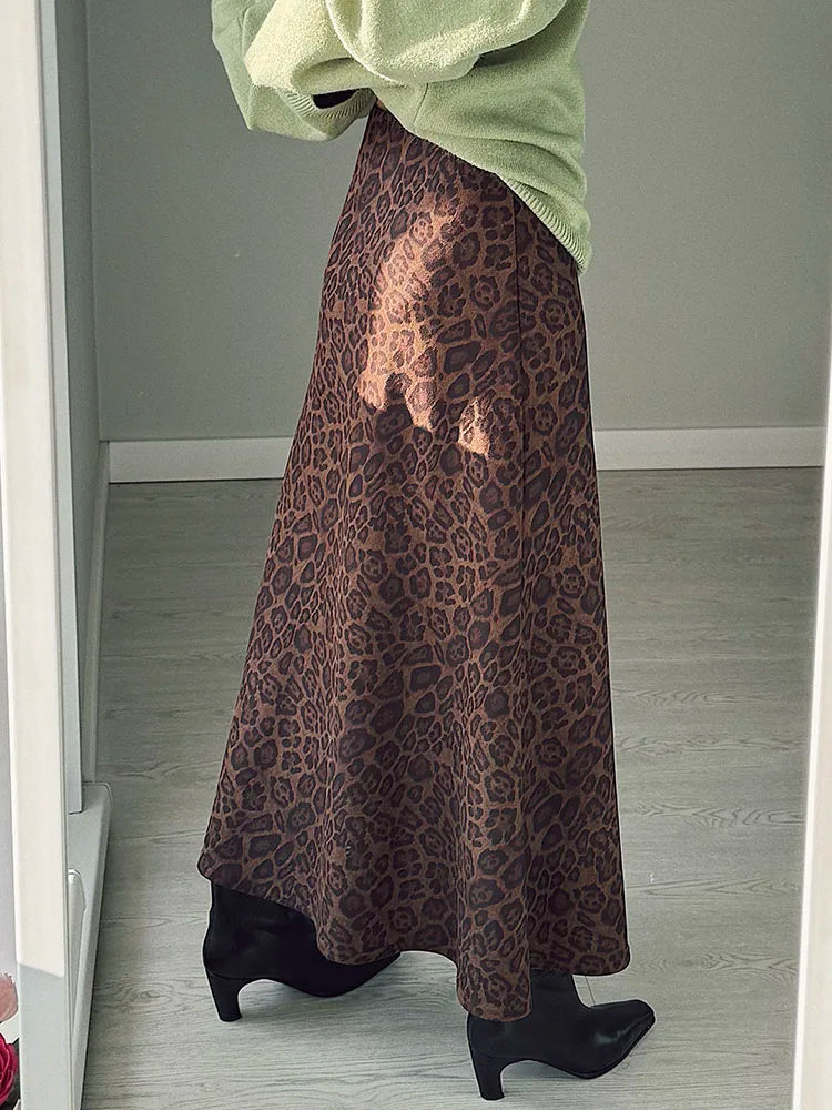 Leopard Print Suede Maxi Skirt – Women's Autumn Winter