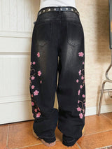 Men's Cherry Blossom Embroidered Wide-Leg Jeans