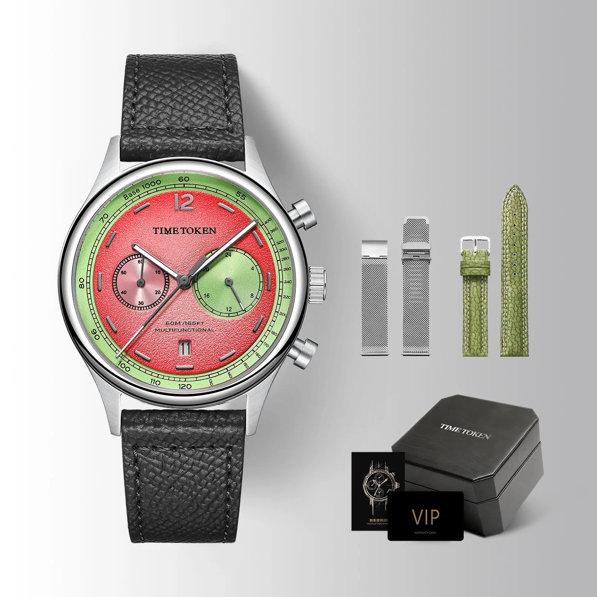 TIMETOKEN New T501GS Mens Watch Japan Miyota OS21 Movement Watermelon Dial Waterproof Chronograph Domed Sapphire Calendar Style