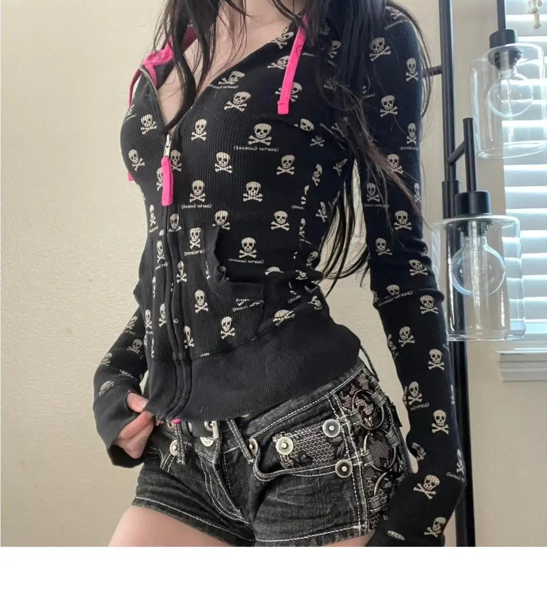 Women's Vintage Skull Print Zip-Up Hoodie