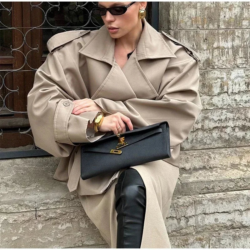 Solid Lapel Double-Breasted Trench Coat – Autumn 2025 High Waist Windbreaker