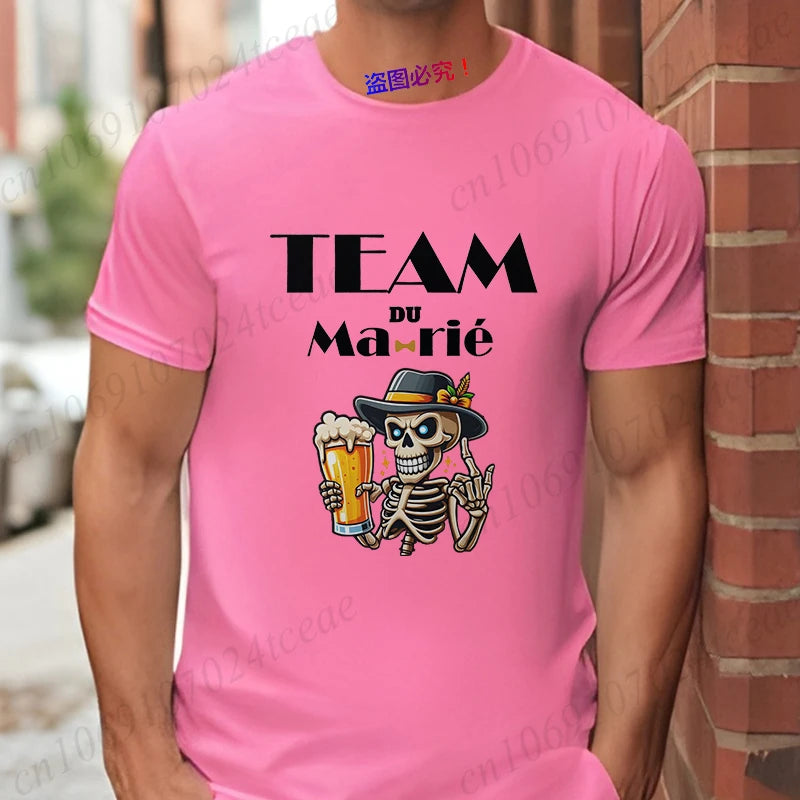 French Funny Single Farewell Bachelor Party T-shirt Wedding Beer Skeleton Tops Evg Team Married Tee Future Groom Man Squad Shirt