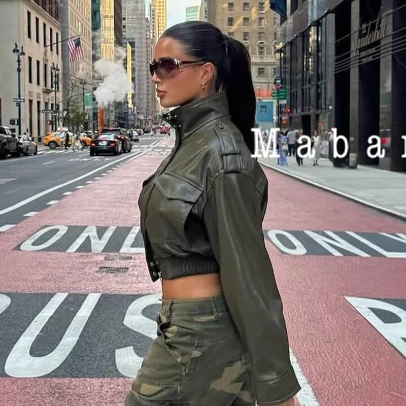 Women's Jacket Faux Leather Jacket Green Women's Demi-Season Jacket Outerwears Women's Autumn New In Coat Windbreaker Streetwear