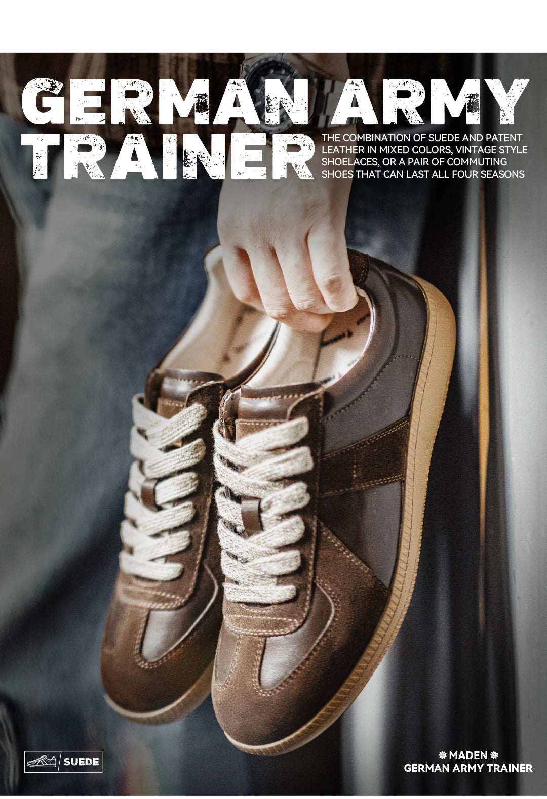 Maden Classic Brown Spliced German Trainer Shoes Flat Low-top Sneakers for Men's Spring and Autumn Casual Lace-up Sporty Shoes