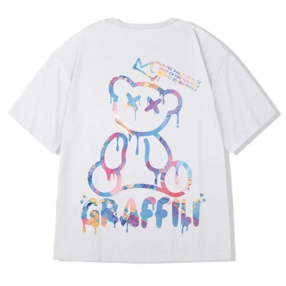 New men's summer colorful teddy bear letter print comfortable and breathable round neck T-shirt outdoor street top