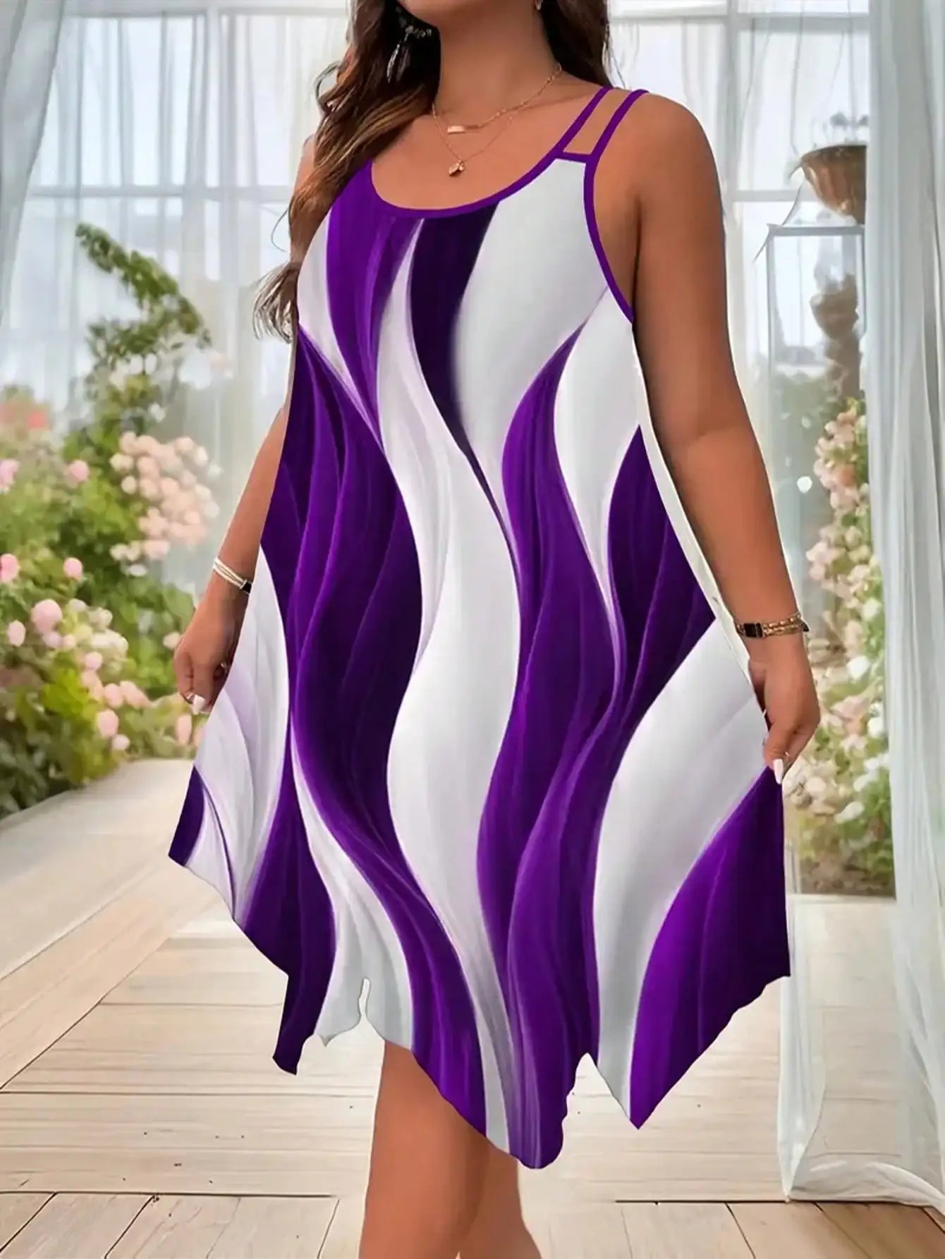 Women’s Plus Asymmetric Geometric Print Strappy Dress