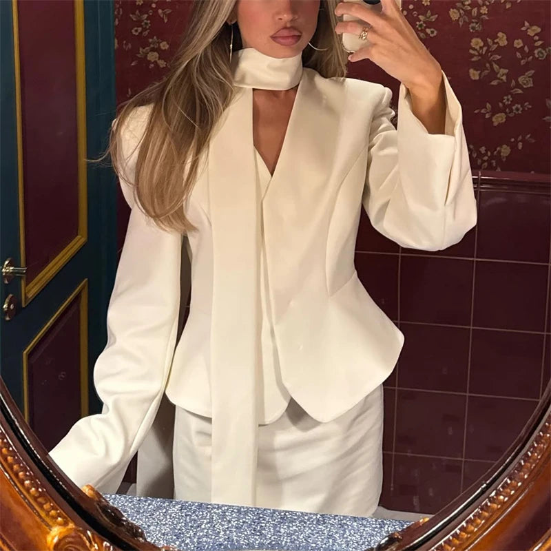 Tuularose 3 Piece Dress Set Women Elegant V-Neck Striped Ribbon Blazer Slim Short Dress Set Fashion Luxury Women Party Dress Set