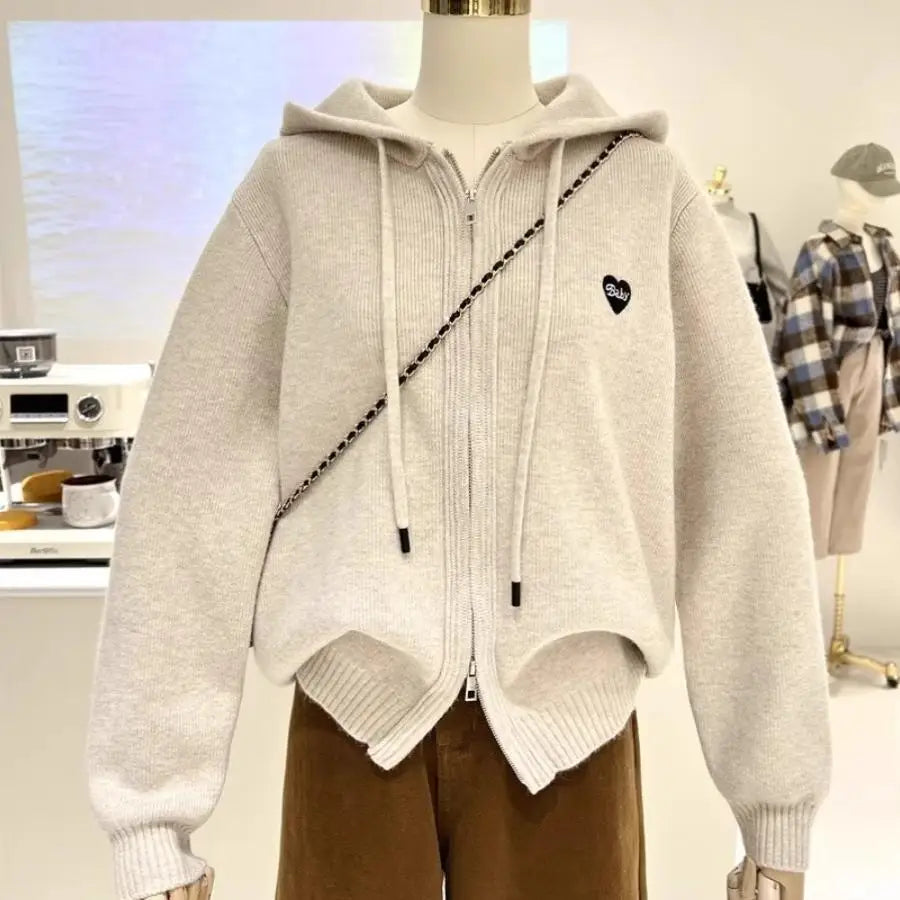 Women’s Heart Embroidery Oversized Knitted Cardigan – USA Made Warm Winter Hoodie