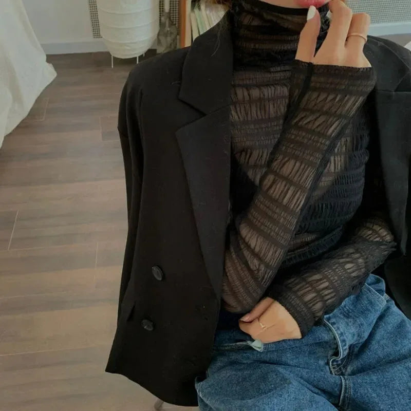 Women’s Floral Lace Mesh Mock Neck Long Sleeve Top