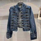 Spring Autumn Vintage Blue Slim Short Jeans Jacket Women Stand Collar Multi-breasted Design Long Sleeve Denim Jacket  Streetwear