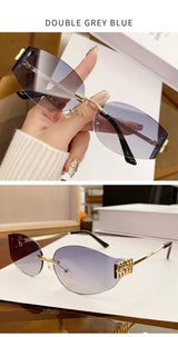 Oversized Rimless Oval Sunglasses – UV400 Metal Frame
