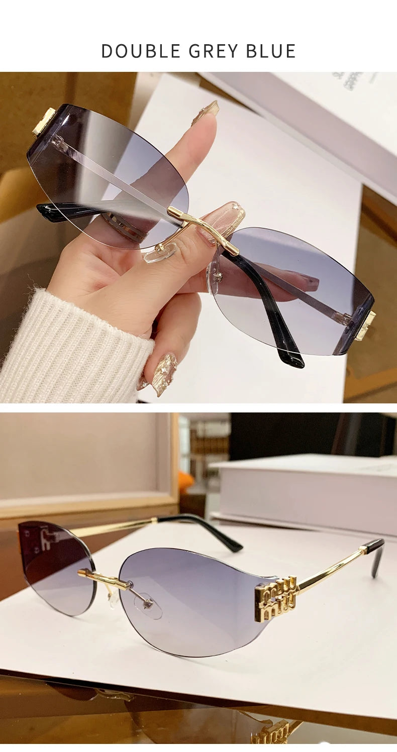 Oversized Rimless Oval Sunglasses – UV400 Metal Frame