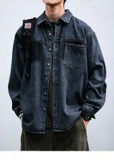 Mens High Quality Custom Weave Slub Deconstructed Patchwork Denim Shirt Trendy Distressed Wash Streetwear Casual Long Sleeve