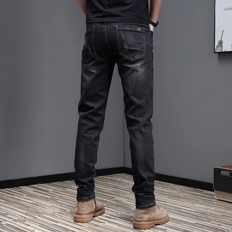 Embroidered Jeans Men's Autumn Winter New Korean Fashion Slim Little Feet Trousers Stretch Vintage Street Denim Trousers Male