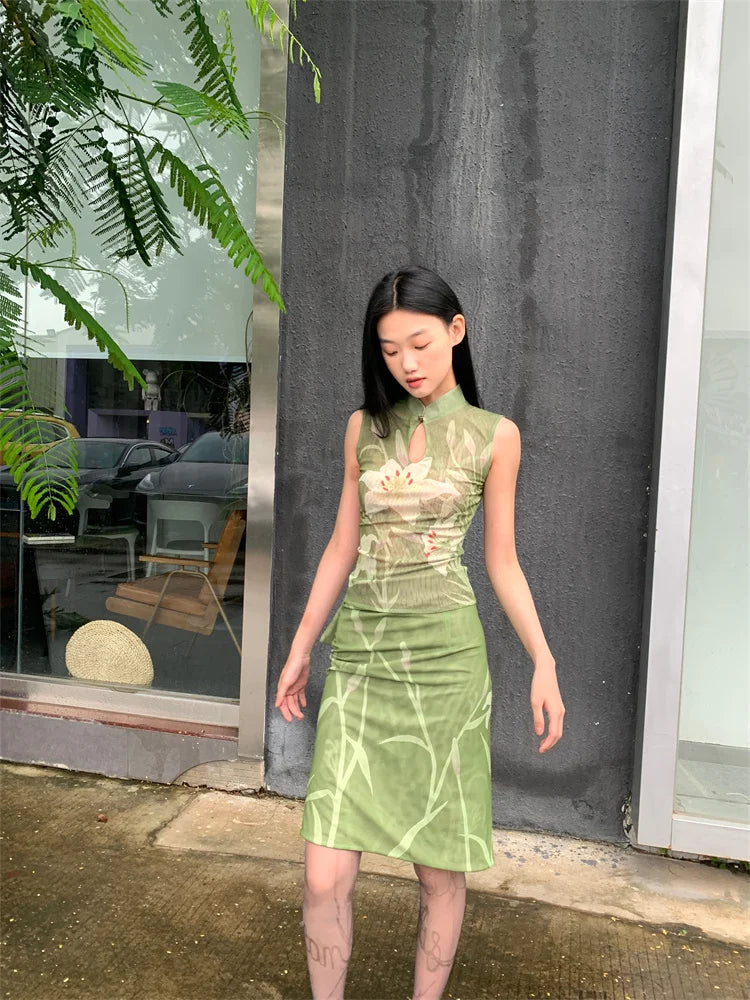 CHEERART Two Piece Set For Women Elegant Summer Outfit Green Lily Floral Vintage Top And Skirt Set Ladies Clothes 2024