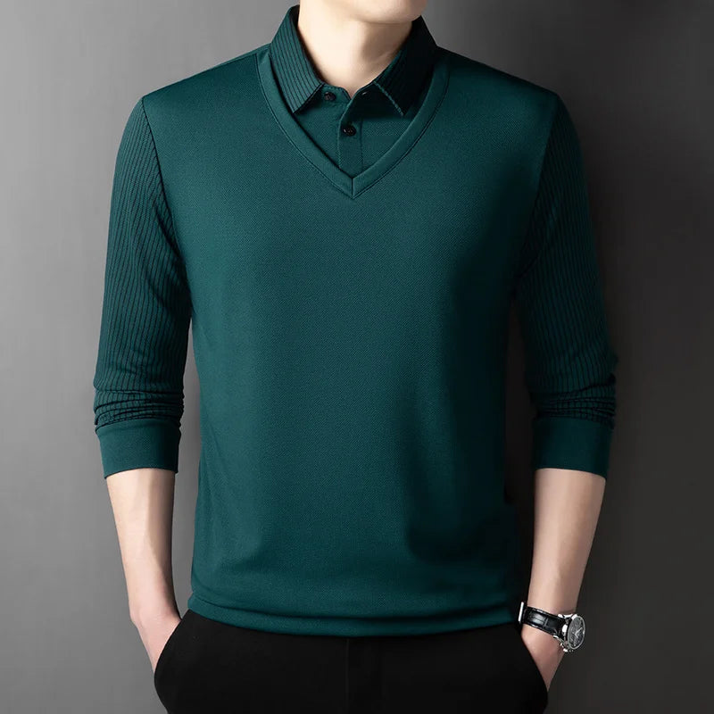 Men's Contrast Polo Shirt – Relaxed Long Sleeve Layered Look