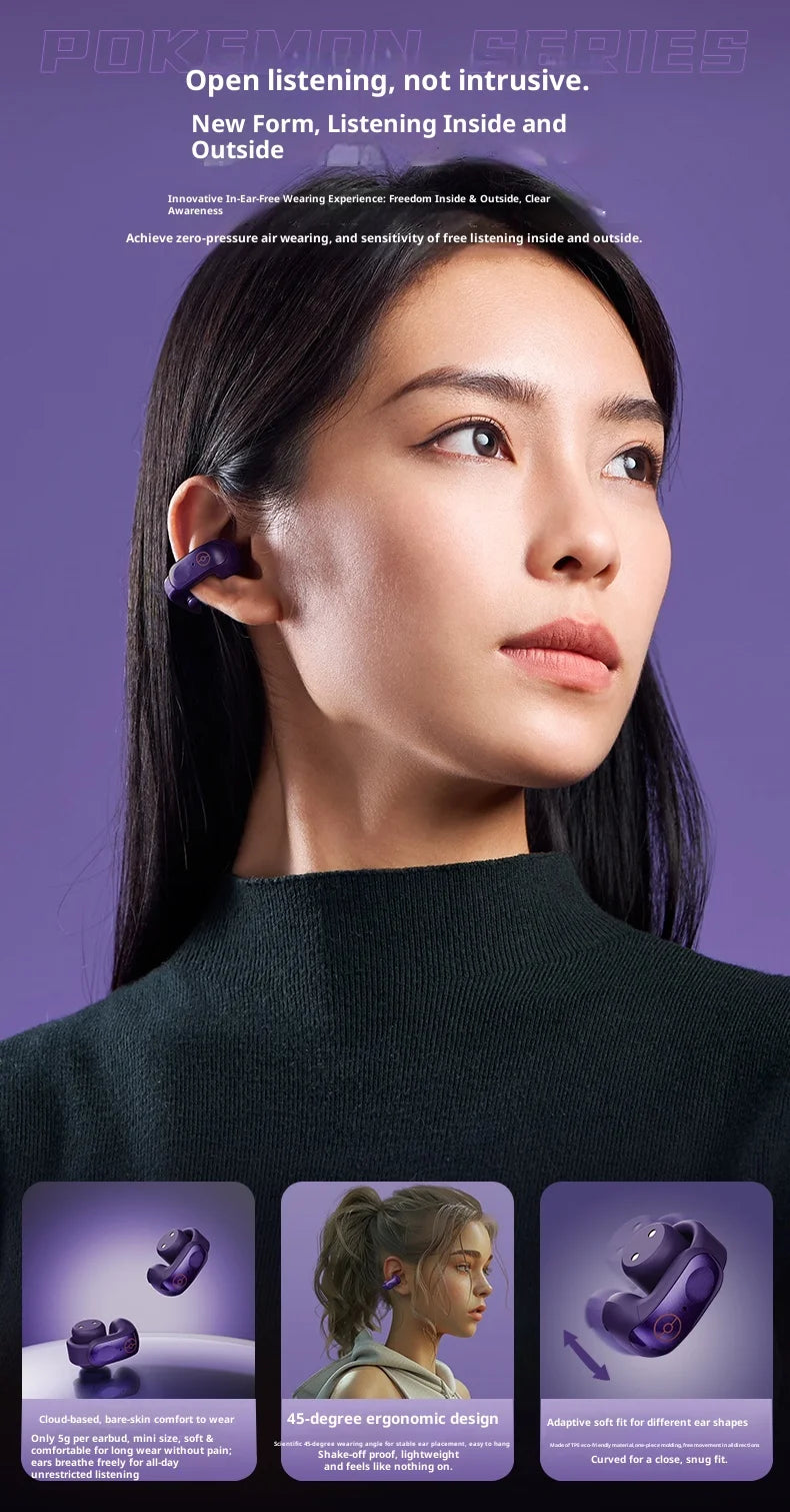 Gengar PokéMon Bluetooth Headset Ear Clip Hifi Stereo Wireless Game Sports Earbuds Long Battery Life Trendy Anime Gift