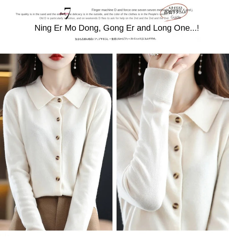 Polo Collar Spun Wool Cardigan – Elegant Single-Breasted Knit Jacket