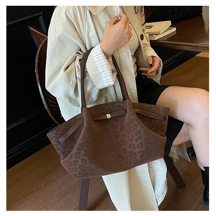 2025 Leopard Print Suede Women Tote Bag with Inner Pocket Underarm Bag Large Capacity Satchel Bag for Work Travel Purses Handbag