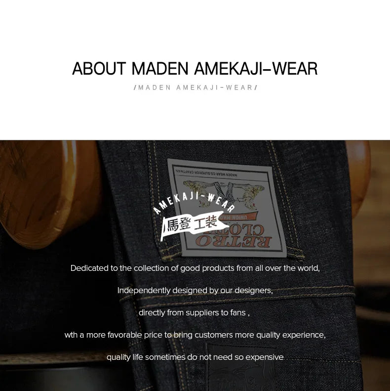 Maden Vintage 13.5OZ Selvedge Raw Denim Jeans Cotton Straight Denim Pants Men's Heavyweight Blue Zip Fly with Pockets Trousers