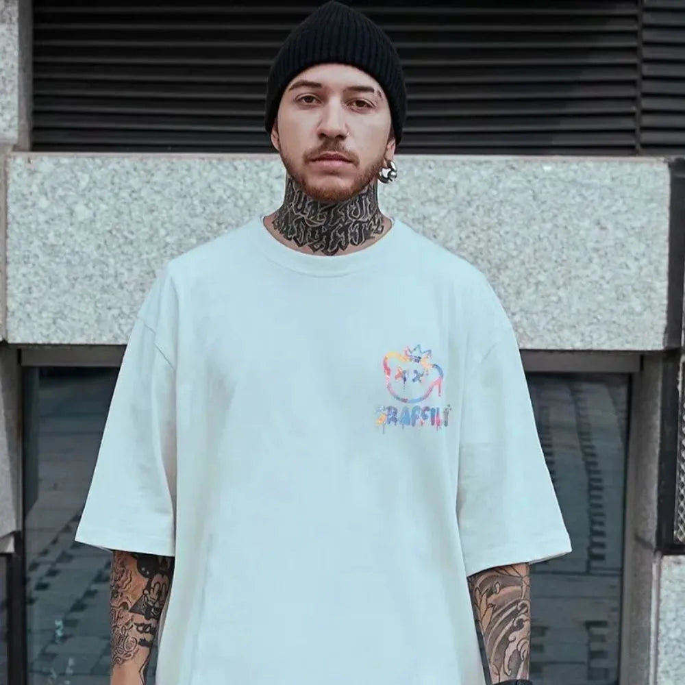 New men's summer colorful teddy bear letter print comfortable and breathable round neck T-shirt outdoor street top