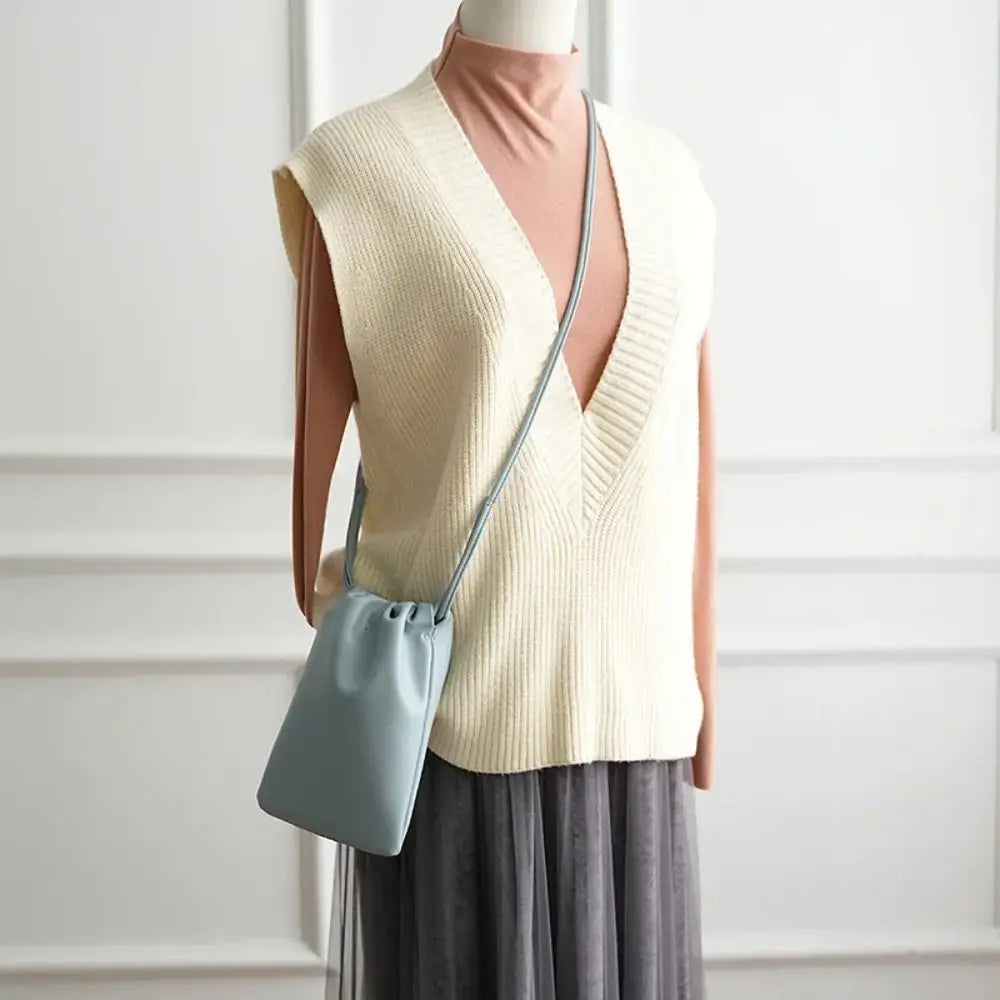 Portable Pu Leather Women Handbags Solid Flap Large Capacity Crossbody Bags Candy Color Mini Bucket Bag
