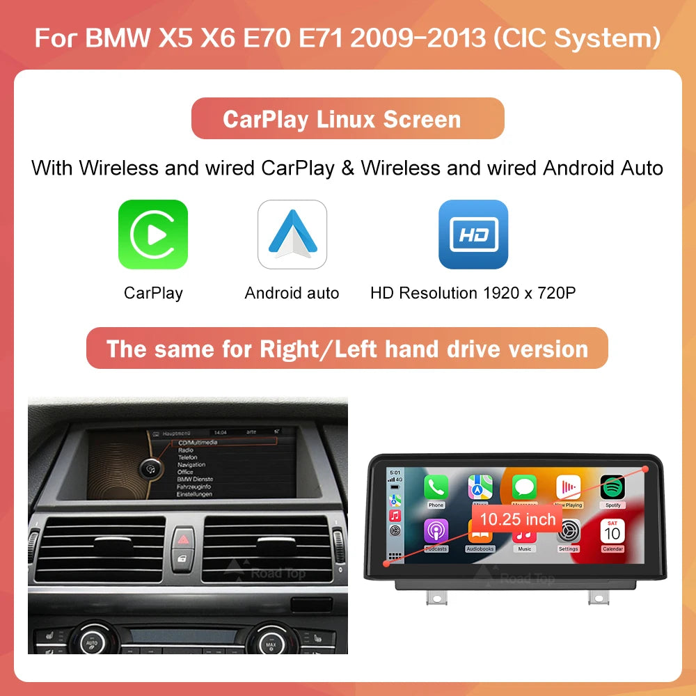 RoadTop 10.25"/12.3" Wireless CarPlay & Android Auto Screen for BMW X5 X6