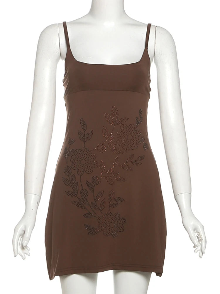 Floral Rhinestone Backless Mini Dress