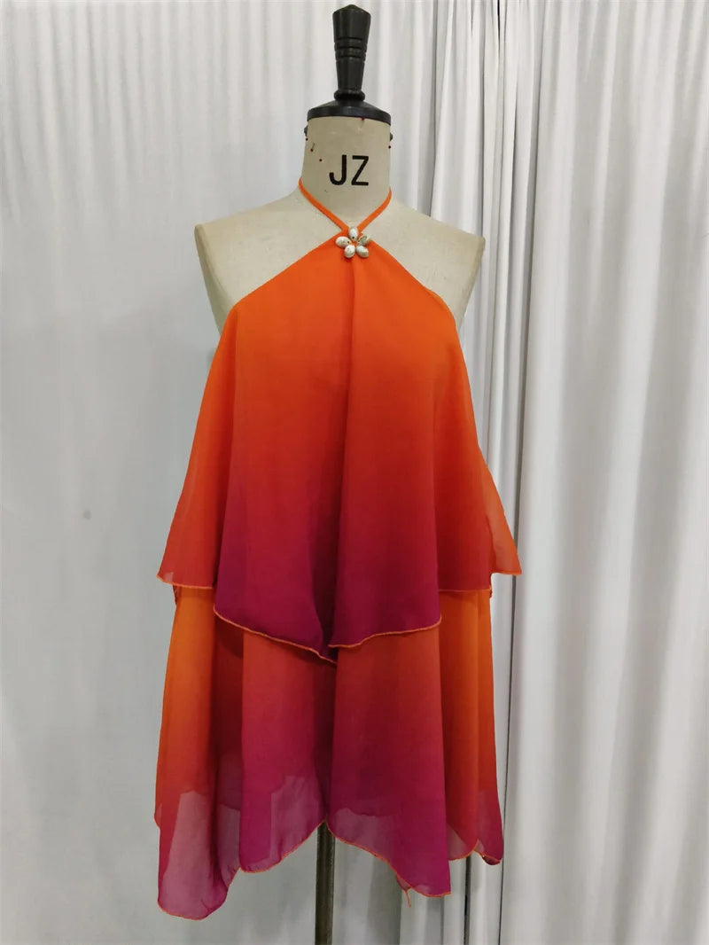 Women's Gradient Halter Backless Mini Dress – Elegant Mesh Off-Shoulder Party Gown